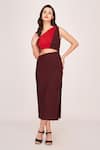 Buy_House of Varada_Brown Crepe Color Block One Shoulder Waist Cut Out Midi Dress  _at_Aza_Fashions