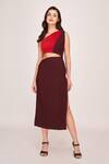 House of Varada_Brown Crepe Color Block One Shoulder Waist Cut Out Midi Dress  _Online_at_Aza_Fashions