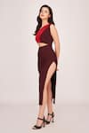 Buy_House of Varada_Brown Crepe Color Block One Shoulder Waist Cut Out Midi Dress  _Online_at_Aza_Fashions