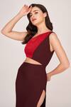 Shop_House of Varada_Brown Crepe Color Block One Shoulder Waist Cut Out Midi Dress  _Online_at_Aza_Fashions