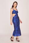 House of Varada_Blue Silk Print Dainty Fern Sweetheart Neck Side Cut Out Midi Dress  _Online_at_Aza_Fashions