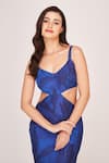 Shop_House of Varada_Blue Silk Print Dainty Fern Sweetheart Neck Side Cut Out Midi Dress  _Online_at_Aza_Fashions