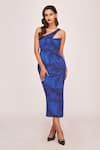 Buy_House of Varada_Blue Silk Print Tranquil Leaf One Shoulder Midi Dress  _at_Aza_Fashions