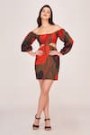 Buy_House of Varada_Green Satin Print Blazing Amaryllis Off Shoulder Side Cut Out Dress _at_Aza_Fashions