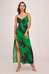 Buy_House of Varada_Green Satin Print Star Jasmine Sweetheart Neck Thigh Slit Maxi Dress _at_Aza_Fashions