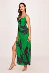 House of Varada_Green Satin Print Star Jasmine Sweetheart Neck Thigh Slit Maxi Dress _Online_at_Aza_Fashions