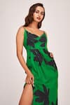 Shop_House of Varada_Green Satin Print Star Jasmine Sweetheart Neck Thigh Slit Maxi Dress  _Online_at_Aza_Fashions