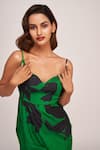 House of Varada_Green Satin Print Star Jasmine Sweetheart Neck Thigh Slit Maxi Dress _at_Aza_Fashions