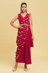 Buy_Nazaakat by Samara Singh_Maroon Polyester Printed Foil V-neck Pallu Saree Dress_at_Aza_Fashions