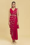 Nazaakat by Samara Singh_Maroon Polyester Printed Foil V-neck Pallu Saree Dress_Online_at_Aza_Fashions