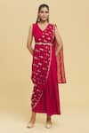 Shop_Nazaakat by Samara Singh_Maroon Polyester Printed Foil V-neck Pallu Saree Dress_Online_at_Aza_Fashions