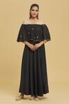 Buy_Adara Khan_Black Crepe Printed Foil Off Shoulder Dress_at_Aza_Fashions