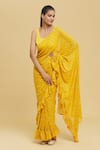 Buy_Nazaakat by Samara Singh_Yellow Blouse Poly Crepe Printed Foil Round Ruffle Pre-draped Saree With_Online_at_Aza_Fashions