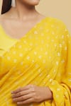 Shop_Nazaakat by Samara Singh_Yellow Blouse Poly Crepe Printed Foil Round Ruffle Pre-draped Saree With_Online_at_Aza_Fashions