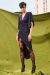 Buy_Kangana Trehan_Blue Shell And Lining Jersey Plain V Neck Zoe Ruched Slit Dress  _at_Aza_Fashions