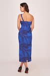 Shop_House of Varada_Blue Silk Print Tranquil Leaf One Shoulder Midi Dress  _at_Aza_Fashions