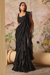 Buy_Ridhi Mehra_Black Saree Chiffon And Organza Embroidered Lace Dainty Pre-draped With Blouse _at_Aza_Fashions