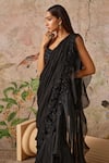 Shop_Ridhi Mehra_Black Saree Chiffon And Organza Embroidered Lace Dainty Pre-draped With Blouse _at_Aza_Fashions