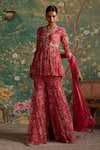 Buy_Ridhi Mehra_Fuchsia Peplum And Gharara Chiffon Printed Floral V Awespring Set  _at_Aza_Fashions
