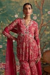 Buy_Ridhi Mehra_Fuchsia Peplum And Gharara Chiffon Printed Floral V Awespring Set  _Online_at_Aza_Fashions