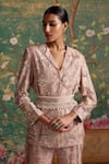 Buy_Ridhi Mehra_Pink Raw Silk Printed Floral Lapel Collar Icon Jacket Pant Set  _Online_at_Aza_Fashions