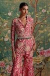 Shop_Ridhi Mehra_Fuchsia Raw Silk Printed Floral Lapel Icon Pattern Jacket Pant Set  _at_Aza_Fashions