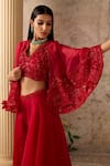 Ridhi Mehra_Red Cape And Sharara Organza Embroidered Sashay & Sequin Set  _Online_at_Aza_Fashions