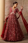 Buy_Ridhi Mehra_Red Anarkali Silk Flair Pleated Floral Print With Dupatta  _at_Aza_Fashions