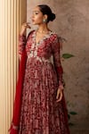 Ridhi Mehra_Red Anarkali Silk Flair Pleated Floral Print With Dupatta  _Online_at_Aza_Fashions