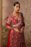 Buy_Ridhi Mehra_Red Anarkali Silk Flair Pleated Floral Print With Dupatta  _Online_at_Aza_Fashions