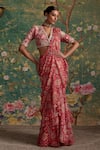 Ridhi Mehra_Fuchsia Flamboyance Floral Print Ruffled Pre-draped With Blouse  _Online_at_Aza_Fashions