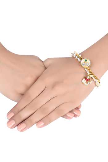 Buy_Tribe Amrapali_Multi Color Pearls Aashi Embellished Lotus Charm Bracelet _at_Aza_Fashions
