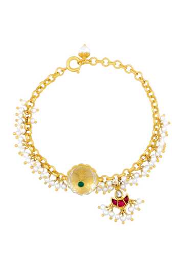 Shop_Tribe Amrapali_Multi Color Pearls Aashi Embellished Lotus Charm Bracelet _at_Aza_Fashions