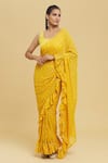 Nazaakat by Samara Singh_Yellow Blouse Poly Crepe Printed Foil Round Ruffle Pre-draped Saree With_at_Aza_Fashions