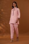 Buy_The Home Affair_Pink Jaam Cotton Silk Embroidered Thread Mandarin Collar Floral Top With Pant _Online_at_Aza_Fashions