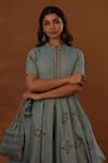 Buy_The Home Affair_Blue Cotton Embroidery, Cut Work Mandarin Collar Handblock Floral Print Dress _Online_at_Aza_Fashions