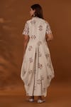 Shop_The Home Affair_White Cotton Cut Work Mandarin Collar Floral Print Draped Dress _at_Aza_Fashions