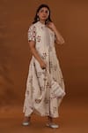 Buy_The Home Affair_White Cotton Cut Work Mandarin Collar Floral Print Draped Dress _Online_at_Aza_Fashions