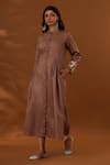 The Home Affair_Brown Cotton Embroidery Mandarin Collar Floral Placement Dress _Online_at_Aza_Fashions