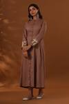 Buy_The Home Affair_Brown Cotton Embroidery Mandarin Collar Floral Placement Dress _Online_at_Aza_Fashions