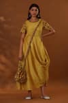 Buy_The Home Affair_Yellow Jaam Cotton Silk Printed Handblock Floral Handpainted Placement Dress _at_Aza_Fashions