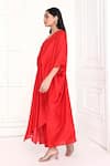 Komal Shah_Red Chanderi 95% Plain V Neck Knotted Kaftan And Pant Set _Online_at_Aza_Fashions