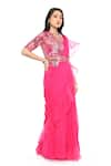 Komal Shah_Pink Saree Organza And Chiffon Embroidered Sequin V Neck Pre-draped With Blouse _Online_at_Aza_Fashions