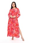 Buy_Komal Shah_Red Crepe Embroidered Sequin Round Embellished Kaftan With Belt _at_Aza_Fashions