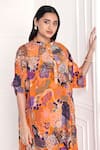 Buy_Komal Shah_Yellow Crepe Sequins Mandarin Collar Printed Tunic And Pant Set _Online_at_Aza_Fashions