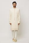 Aryavir Malhotra_Cream Sherwani Georgette Embroidered Sequin Honeycomb With Churidar _Online_at_Aza_Fashions