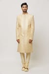 Aryavir Malhotra_Gold Sherwani Art Silk Embroidered Sequin Crystal Embellished With Churidar _Online_at_Aza_Fashions