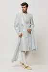 Buy_Aryavir Malhotra_Grey Sherwani Art Silk Embroidered Sequin Crystal Embellished With Churidar _at_Aza_Fashions