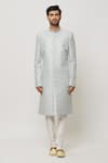 Aryavir Malhotra_Grey Sherwani Art Silk Embroidered Sequin Crystal Embellished With Churidar _Online_at_Aza_Fashions