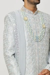 Shop_Aryavir Malhotra_Grey Sherwani Art Silk Embroidered Sequin Crystal Embellished With Churidar _Online_at_Aza_Fashions